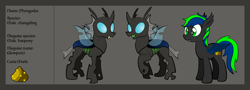 Size: 1920x694 | Tagged: safe, artist:alexdti, imported from derpibooru, oc, oc only, oc:phengodes, bat pony, changeling, bat wings, changeling oc, curved horn, disguise, disguised changeling, ear fluff, fangs, folded wings, hooves, horn, male, open mouth, open smile, raised hoof, reference sheet, smiling, solo, standing, tail, two toned mane, two toned tail, wings