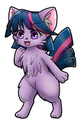 Size: 720x1124 | Tagged: safe, artist:namaenonaipony, imported from derpibooru, twilight sparkle, anthro, cat, bipedal, catified, cheek fluff, chest fluff, colored ear fluff, ear fluff, female, full body, furry, simple background, solo, species swap, twilight cat, white background