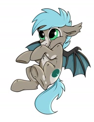 Size: 1400x1825 | Tagged: safe, artist:rutkotka, imported from derpibooru, oc, oc only, bat pony, pony, chest fluff, commission, floppy ears, happy, simple background, smiling, solo, spread wings, underhoof, white background, wings, ych result
