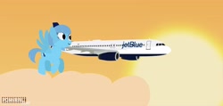 Size: 4096x1942 | Tagged: safe, artist:ponyrailartist, imported from derpibooru, oc, oc only, oc:jet stream, pegasus, pony, airbus, airbus a320, flying, jetblue, plane, sky