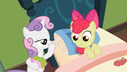 Size: 1280x720 | Tagged: safe, imported from derpibooru, screencap, apple bloom, sweetie belle, earth pony, pony, unicorn, family appreciation day, season 2, bed, bow, bowl, female, filly, foal, food, grapes, hair bow, in bed, lidded eyes, out of context, smiling