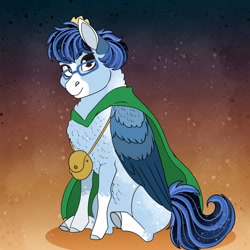 Size: 1280x1280 | Tagged: safe, artist:inisealga, imported from derpibooru, oc, oc only, oc:soaring spirit, abstract background, bag, cape, chest fluff, clothes, coat markings, colored hooves, colored wings, crown, facial markings, glasses, gradient background, jewelry, male, multicolored mane, multicolored tail, multicolored wings, neck fluff, ousama ranking, regalia, sitting, socks (coat markings), solo, stallion, tail, wings