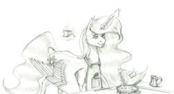 Size: 1500x811 | Tagged: safe, artist:baron engel, imported from derpibooru, princess celestia, alicorn, pony, apron, clothes, cooking, female, frying pan, mare, monochrome, pencil drawing, solo, spatula, story included, traditional art