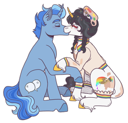 Size: 2300x2200 | Tagged: safe, artist:kikirdcz, imported from derpibooru, oc, oc:rainbow splash, pony, unicorn, female, kissing, male, simple background, straight, transparent background