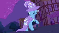 Size: 1280x720 | Tagged: safe, imported from derpibooru, screencap, trixie, pony, unicorn, magic duel, season 3, brooch, cape, clothes, eyes closed, female, grin, hat, hooves, house, jewelry, mare, night, outdoors, raised hoof, shadow, smiling, solo, standing, trixie's brooch, trixie's cape, trixie's hat