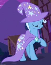 Size: 562x720 | Tagged: safe, imported from derpibooru, screencap, trixie, pony, unicorn, magic duel, season 3, brooch, cape, clothes, cropped, eyes closed, female, grin, hat, hooves, house, imgflip, jewelry, mare, night, outdoors, raised hoof, shadow, smiling, solo, standing, trixie's brooch, trixie's cape, trixie's hat
