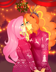 Size: 3030x3900 | Tagged: safe, artist:xjenn9, imported from derpibooru, adagio dazzle, fluttershy, equestria girls, antlers, commission, duo, fake antlers, female, imminent kissing, lesbian, shipping, shyagio, ych result