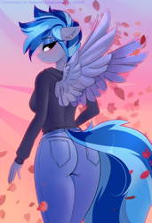 Size: 1968x2880 | Tagged: safe, artist:xjenn9, imported from derpibooru, oc, oc only, oc:pixi feather, anthro, pegasus, ass, bedroom eyes, blue eyeshadow, blue hair, blushing, breasts, butt, clothes, eyeshadow, female, floppy ears, hoodie, jeans, leaves, lidded eyes, looking at you, looking back, looking back at you, makeup, orange eyes, pants, smiling, solo, spread wings, tail, tail aside, wings, ych example, your character here
