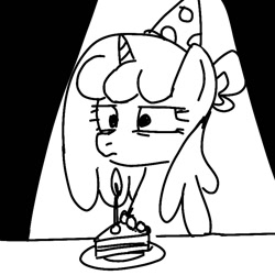 Size: 768x768 | Tagged: safe, artist:namaenonaipony, imported from derpibooru, oc, oc only, oc:aqua twinkie, pony, unicorn, birthday, cake, cake slice, candle, food, hat, party hat, simple background, solo