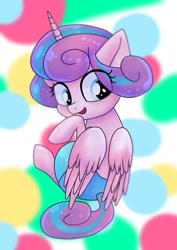Size: 1075x1518 | Tagged: safe, artist:namaenonaipony, imported from derpibooru, princess flurry heart, alicorn, pony, baby, baby pony, cute, diaper, female, filly, flurrybetes, foal, looking back, polka dot background, solo, translation request
