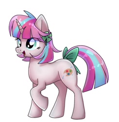 Size: 904x921 | Tagged: safe, artist:namaenonaipony, imported from derpibooru, oc, oc only, pony, unicorn, clover, four leaf clover, full body, hooves, horn, open mouth, open smile, raised hoof, simple background, smiling, solo, standing, tail, unicorn oc, white background