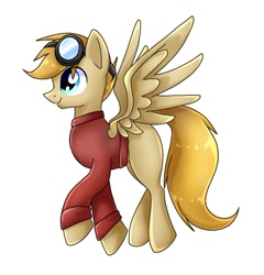 Size: 1068x1111 | Tagged: safe, artist:namaenonaipony, imported from derpibooru, oc, oc only, pegasus, pony, clothes, full body, goggles, goggles on head, hooves, pegasus oc, shirt, side view, simple background, smiling, solo, spread wings, tail, white background, wings