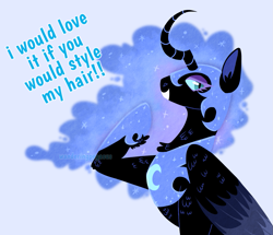 Size: 1187x1020 | Tagged: safe, artist:wanderingpegasus, imported from derpibooru, nightmare moon, alicorn, pony, blue background, curved horn, ethereal mane, eyeshadow, februpony, female, grin, helmet, hoof shoes, horn, jewelry, makeup, mare, raised hoof, redesign, regalia, simple background, smiling, solo, starry mane