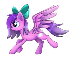 Size: 1348x1078 | Tagged: safe, artist:namaenonaipony, imported from derpibooru, oc, oc only, pegasus, pony, bow, full body, hair bow, hooves, pegasus oc, shading, side view, simple background, smiling, solo, spread wings, white background, wings