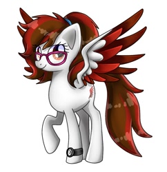 Size: 979x1010 | Tagged: safe, artist:namaenonaipony, imported from derpibooru, oc, oc only, pegasus, pony, colored wings, full body, glasses, hooves, pegasus oc, raised hoof, shading, simple background, smiling, solo, spread wings, standing, tail, watch, white background, wings