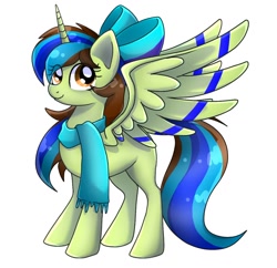 Size: 1044x1010 | Tagged: safe, artist:namaenonaipony, imported from derpibooru, oc, oc only, alicorn, pony, alicorn oc, bow, clothes, eye clipping through hair, full body, hair bow, hooves, horn, multicolored mane, multicolored tail, scarf, simple background, smiling, solo, spread wings, standing, tail, white background, wings