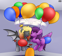 Size: 2454x2237 | Tagged: safe, artist:the-furry-railfan, imported from derpibooru, oc, oc only, oc:emilia starsong, bat pony, pegasus, balloon, bat pony oc, blowing up balloons, crown, cute, female, floating, flying, helium, helium tank, helium voice, indoors, inflating, jewelry, mare, regalia, singing, string, that pony sure does love balloons