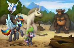 Size: 1920x1246 | Tagged: safe, artist:asimos, imported from derpibooru, rainbow dash, spike, classical unicorn, dragon, pegasus, robot, unicorn, ark survival evolved, clothes, cloven hooves, cowboy hat, crossover, hat, hln-a, leonine tail, unshorn fetlocks, video game crossover