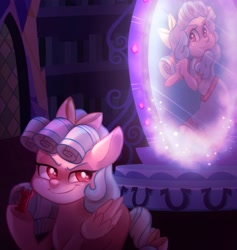 Size: 1583x1668 | Tagged: safe, artist:carouselunique, imported from derpibooru, cozy glow, pegasus, pony, equestria girls, bow, clothes, dress, equestria girls-ified, februpony, female, freckles, hair bow, magic mirror, mirror, rook, smug, solo, twilight's castle