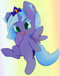 Size: 1958x2500 | Tagged: safe, artist:zokkili, imported from derpibooru, princess luna, alicorn, pony, colored eyelashes, female, filly, foal, rainbow background, solo, sparkles, woona, younger