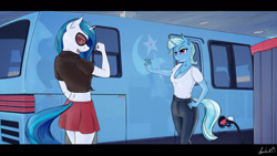 Size: 1280x720 | Tagged: safe, artist:apocheck13, imported from derpibooru, dj pon-3, trixie, vinyl scratch, anthro, unicorn, breasts, cleavage, clothes, duo, female, front knot midriff, gas station, implied tail hole, jeans, midriff, miniskirt, pants, rv, shirt, short shirt, skirt, vixen 21 motorhome