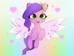 Size: 4096x3072 | Tagged: safe, artist:zokkili, imported from derpibooru, pipp petals, pegasus, pony, adorapipp, cute, female, flying, g5, heart, mare, my little pony: a new generation, rainbow background, solo, sparkles, starry eyes, stars, wingding eyes
