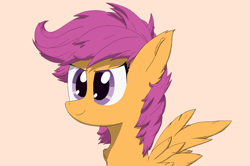Size: 1601x1063 | Tagged: source needed, useless source url, safe, artist:_rynn, imported from derpibooru, scootaloo, pegasus, pony, bust, eyelashes, eyes open, feathered wings, female, filly, foal, portrait, shadows, simple background, smiling, solo, spread wings, wings