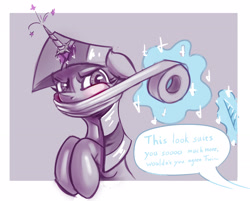 Size: 2892x2322 | Tagged: safe, artist:applepost67, imported from derpibooru, trixie, twilight sparkle, pony, unicorn, blushing, femsub, gag, glowing, glowing horn, horn, horn ring, levitation, magic, magic aura, magic suppression, monochrome, offscreen character, ring, solo focus, speech bubble, submissive, tape, tape gag, telekinesis, text, trixdom, twisub