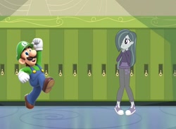 Size: 1024x750 | Tagged: safe, artist:superluigi21, imported from derpibooru, marble pie, human, equestria girls, 1000 hours in ms paint, 1000 years in photoshop, canterlot high, conversation, crossover, high school, lockers, luigi, nintendo, school, shy, super mario bros.