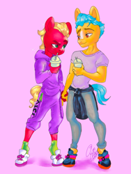 Size: 640x853 | Tagged: safe, artist:gum-gibbs, imported from derpibooru, hitch trailblazer, sprout cloverleaf, anthro, unguligrade anthro, blushing, g5, gay, hitchsprout, holding hands, looking at each other, looking at someone, male, milkshake, my little pony: a new generation, pink background, shipping, simple background