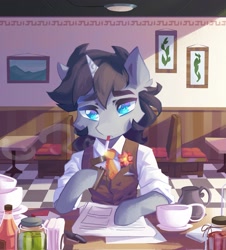 Size: 1971x2179 | Tagged: safe, artist:saxopi, imported from derpibooru, oc, oc only, semi-anthro, unicorn, bipedal, blue eyes, bottle, clothes, colored pupils, cup, day, eyelashes, flower, high res, horn, lighter, napkin, necktie, paper, picture frame, restaurant, seat, sitting, smoke, smoking, solo, table, thick eyebrows, white shirt