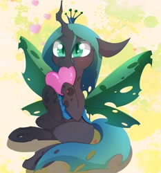 Size: 3823x4096 | Tagged: safe, artist:zokkili, imported from derpibooru, queen chrysalis, changeling, changeling queen, abstract background, biting, blushing, cute, cutealis, female, floppy ears, heart, nom, sitting, solo, spread wings, weapons-grade cute, wings