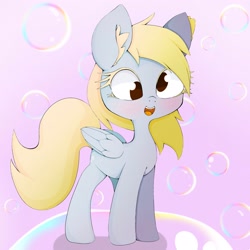 Size: 2048x2048 | Tagged: safe, artist:zokkili, imported from derpibooru, derpy hooves, pegasus, pony, bubble, female, open mouth, open smile, pink background, simple background, smiling, solo