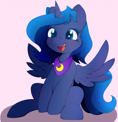 Size: 3959x4096 | Tagged: safe, artist:zokkili, imported from derpibooru, princess luna, alicorn, pony, female, filly, foal, pink background, simple background, solo, woona, younger