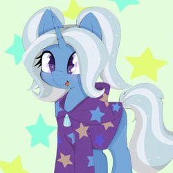 Size: 2048x2048 | Tagged: safe, artist:zokkili, imported from derpibooru, trixie, pony, unicorn, alternate hairstyle, babysitter trixie, clothes, cute, diatrixes, female, green background, hoodie, mare, pigtails, simple background, solo, starry background, stars