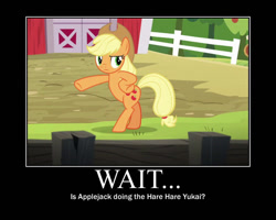 Size: 750x600 | Tagged: safe, artist:crossoverprincess, edit, edited screencap, imported from derpibooru, screencap, applejack, earth pony, pony, applejack's "day" off, season 6, apple, apple tree, applejack's hat, barn, bipedal, cowboy hat, female, fence, hat, looking back, mare, melancholy of haruhi suzumiya, motivational poster, solo, sweet apple acres, tree