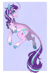 Size: 1015x1466 | Tagged: safe, artist:wanderingpegasus, imported from derpibooru, starlight glimmer, classical unicorn, pony, unicorn, alternate hairstyle, blue background, chest fluff, cloven hooves, cute, februpony, female, glimmerbetes, leonine tail, mare, markings, redesign, simple background, solo, unshorn fetlocks