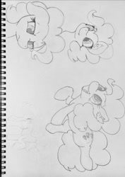 Size: 726x1024 | Tagged: safe, artist:zokkili, imported from derpibooru, pinkie pie, earth pony, pony, ear fluff, female, frown, grayscale, happy, mare, monochrome, notepad, sideways image, sketch, solo, traditional art