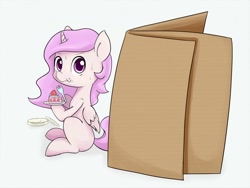 Size: 1200x900 | Tagged: safe, artist:zokkili, imported from derpibooru, princess celestia, alicorn, pony, box, cake, cake slice, cakelestia, cardboard box, cewestia, eating, female, filly, foal, food, fork, herbivore, pink-mane celestia, plate, simple background, solo, white background, younger