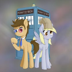 Size: 900x900 | Tagged: safe, alternate version, artist:zokkili, imported from derpibooru, doctor whooves, time turner, earth pony, pegasus, pony, 3d glasses, doctor who, duo, jewelry, necklace, necktie, paper bag, ponified, sonic screwdriver, tardis, tenth doctor, the doctor