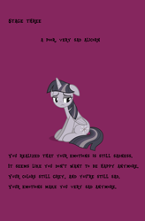 Size: 2187x3328 | Tagged: safe, artist:sollace, artist:wardex101, edit, imported from derpibooru, twilight sparkle, alicorn, pony, depressed, discorded, discorded twilight, female, floppy ears, high res, lonely, looking back, mare, sad, sitting, solo, text, twilight sparkle (alicorn), twilight tragedy