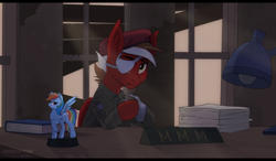 Size: 1500x874 | Tagged: safe, artist:sinner_png, imported from derpibooru, rainbow dash, oc, oc:markerlight, cyborg, pegasus, fallout equestria, fallout equestria: dead tree, beret, book, clothes, desk, eyepatch, half bat pony, hat, lamp, military uniform, office, paperwork, plaque, unamused, uniform