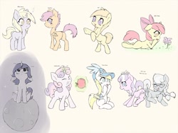 Size: 1360x1020 | Tagged: safe, artist:zokkili, imported from derpibooru, apple bloom, diamond tiara, dinky hooves, lemon daze, noi, princess luna, scootaloo, silver spoon, sweetie belle, earth pony, pegasus, pony, unicorn, ..., adorable face, adorabloom, apple, bag, baseball cap, blank flank, bump bump sugar lump rump, butt, butt bump, butt to butt, butt touch, cap, cute, cutealoo, diamondbetes, diasweetes, dinkabetes, eyes closed, female, field, filly, filly luna, flower, foal, food, grass, grass field, hat, hoofy-kicks, lemondorable, looking at something, looking up, lunabetes, lying down, magic, magic aura, moon, noiabetes, plot, prone, rainbow dash fanclub, rearing, saddle bag, scootabutt, script, silverbetes, simple background, sitting, space, standing, telekinesis, woona, younger