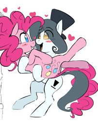 Size: 873x1080 | Tagged: safe, artist:hattsy, imported from ponybooru, pinkie pie, oc, oc:hattsy, pony, blushing, canon x oc, eye contact, hat, heart, holding a pony, looking at each other, open mouth, open smile, smiling, top hat