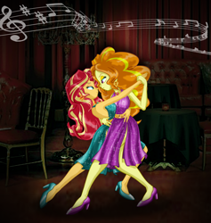 Size: 2196x2320 | Tagged: safe, artist:invisibleguy-ponyman, imported from derpibooru, adagio dazzle, sunset shimmer, equestria girls, backless, bare shoulders, dancing, female, lesbian, sleeveless, tango