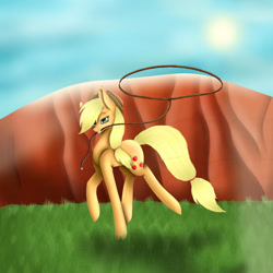 Size: 1024x1024 | Tagged: safe, artist:maneblue, imported from derpibooru, applejack, earth pony, pony, female, lasso, mare, mountain, mouth hold, outdoors, rope