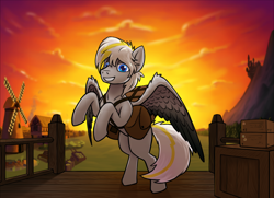 Size: 2258x1632 | Tagged: safe, artist:tsswordy, imported from derpibooru, oc, oc only, pegasus, pony, bag, canterlot, crate, male, rearing, solo, spread wings, sunset, wings