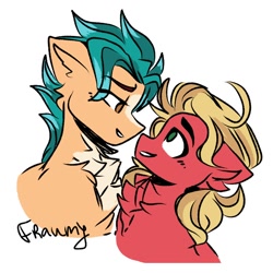 Size: 768x768 | Tagged: safe, artist:fraumflug, imported from derpibooru, hitch trailblazer, sprout cloverleaf, earth pony, pony, g5, gay, hitchsprout, looking at each other, looking at someone, male, my little pony: a new generation, shipping