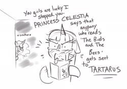 Size: 2232x1569 | Tagged: safe, artist:confetticakez, princess celestia, twilight sparkle, alicorn, pony, birds and bees, blushing, book, embarrassed, monochrome, open mouth, prank, sketch, smiling, snickering, uniorn