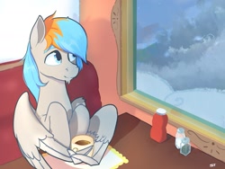 Size: 1837x1378 | Tagged: safe, artist:storyteller, oc, oc only, pegasus, pony, cloudsdale, coffee, coffee mug, diner, food, ketchup, lightning, looking out the window, male, mug, pepper, salt, sauce, sky, smiling, stallion, table, thunder, wing hold